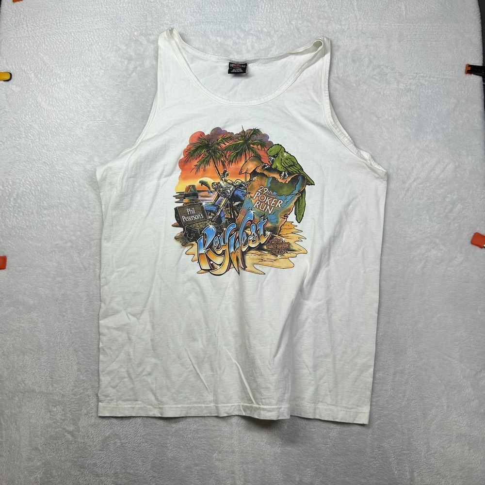Vintage 2001 Harley Davidson Key West Poker Run Tank Top Men White USA Made - 2X